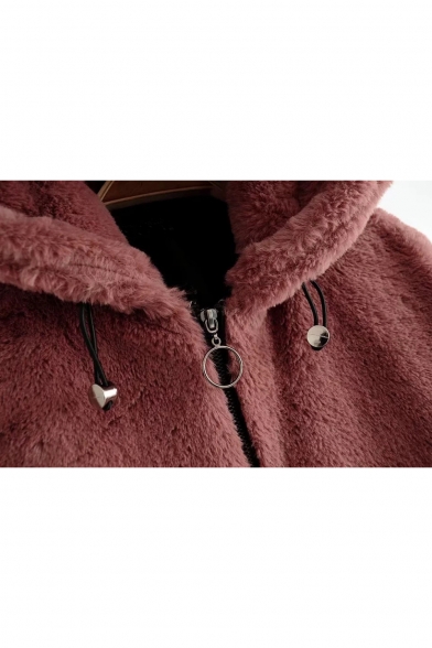 New Stylish Faux Fur Plain Zipper Long Sleeve Hooded Coat