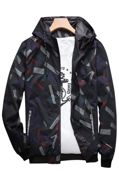 New Stylish Print Drawstring Hood Long Sleeve Zip Up Leisure Jacket