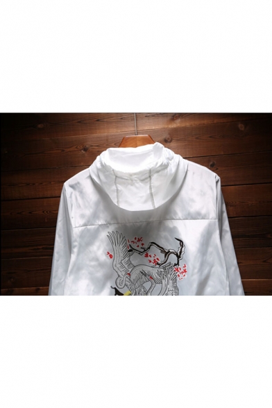 New Stylish Red-Crowned Crane Floral Print Zip Up Long Sleeve Sun-Proof Hoodie Coat