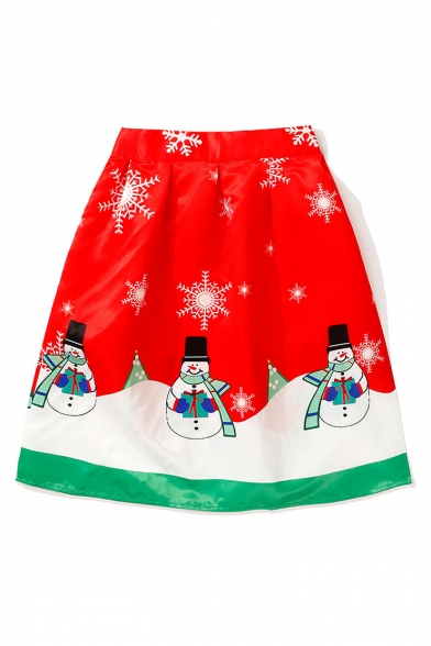New Trendy Snowman Christmas Snowflake Print A-Line Midi Skirt