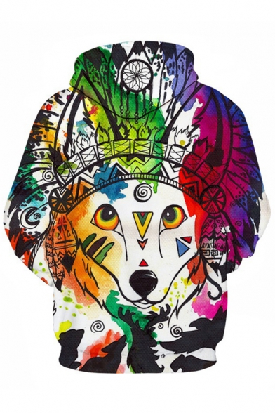 Rainbow Colorful Animal Cartoon Tribal Pattern Long Sleeves Pullover Hoodie with Pocket