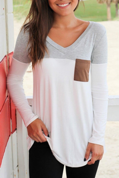 Simple Color Block V-Neck Long Sleeve Tee