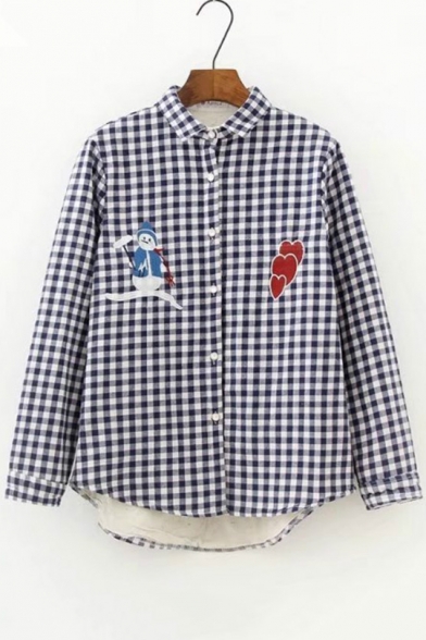 Snowman Embroidered Plaid Lapel Long Sleeve Buttons Down Shirt