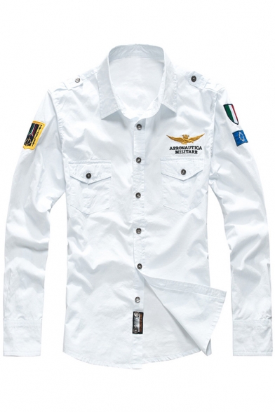 Stylish Turn-down Collar Long Sleeves Badge Appliques Button-Down Slim-Fit Shirt with Chest Pockets