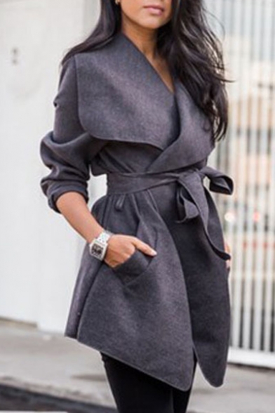 Winter's Fashion Over-Sized Collar Long Sleeves Bow-Front Asymmetric Hem Midi Coat