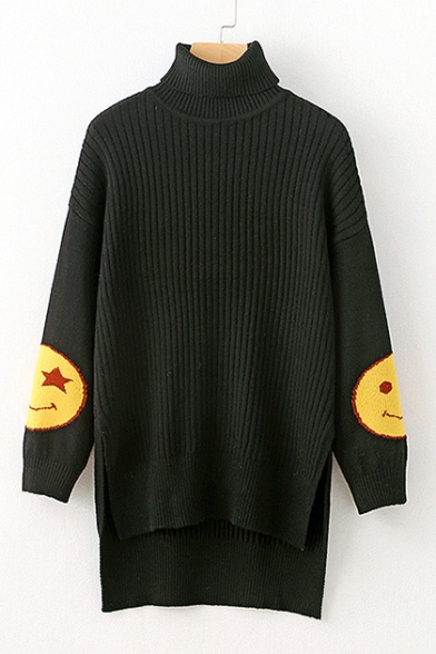Chic Happy Face Print Turtleneck Long Sleeve High Low Hem Tunic Sweater