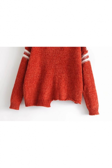 Chic Striped Print Long Sleeve Round Neck Asymmetric Hem Pullover Sweater