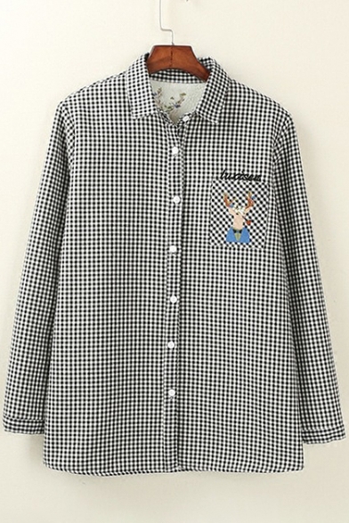 Classic Plaid Embroidery Deer Pattern Long Sleeve Button Down Shirt
