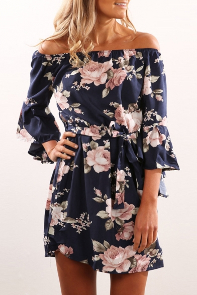 Fashion Floral Print Off Shoulder Ruffle Cuff Mini A-Line Dress