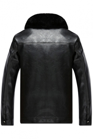 Men's Fashion Faux Fur Lapel Zip Placket Long Sleeve PU Jacket