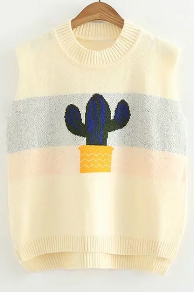 New Fashion Cactus Pattern Striped Vest Sweater