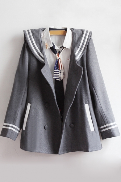 New Fashion Chic Navy Collar Striped Long Sleeve Buttons Down Coat