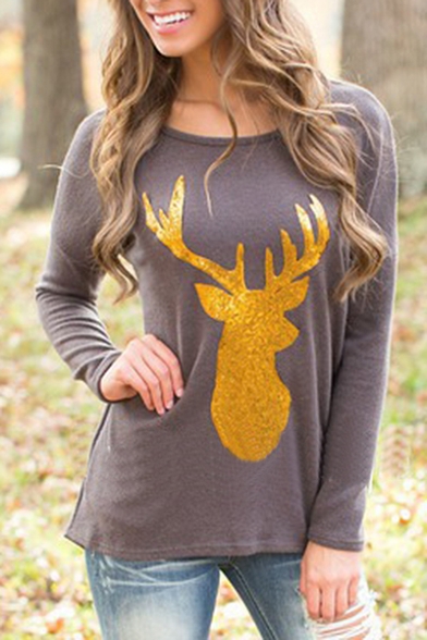 New Fashion Leisure Deer Print Round Neck Long Sleeve T-Shirt