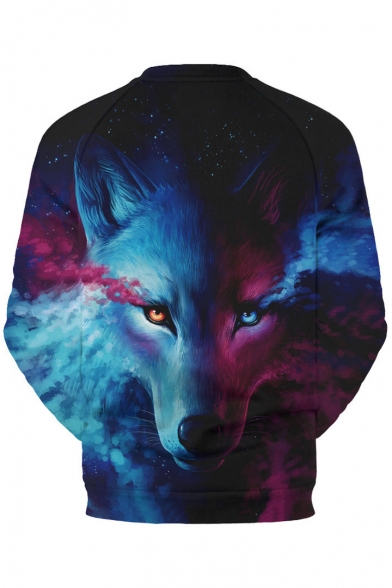 New Fashion Starry Wolf Print Round Neck Long Sleeve Pullover Sweatshirt