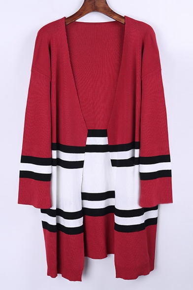New Stylish Color Block Print Open Front Long Sleeve Tunic Cardigan