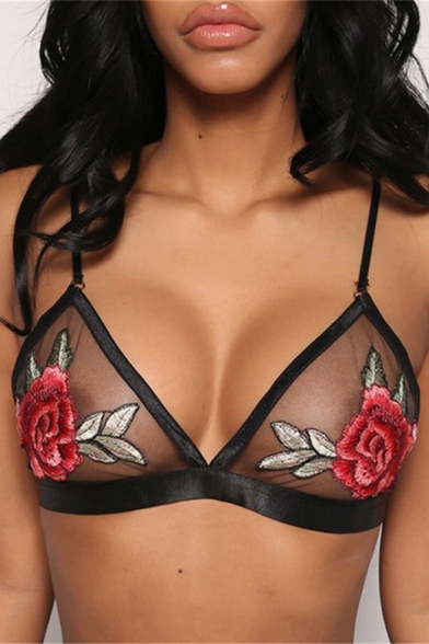 New Stylish Embroidery Floral Pattern Sexy Sheer Mesh Bralet