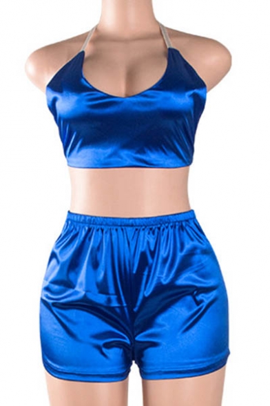 New Stylish Halter Neck Cropped Top Shorts Simple Plain Co-ords