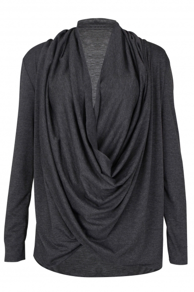New Stylish Long Sleeve Ruched Front Simple Plain Asymmetric Tee
