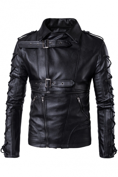 New Stylish Lace-up Long Sleeve Simple Plain Zipper Faux Leather Biker Jacket　