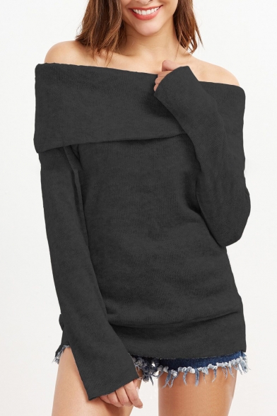 New Stylish Off Shoulder Long Sleeve Simple Plain Pullover Sweater