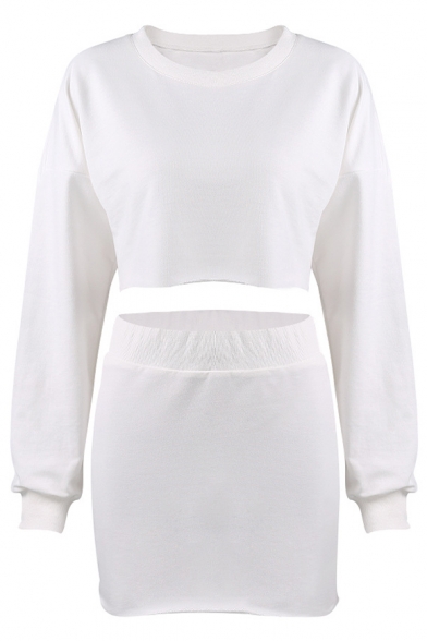 New Stylish Plain Long Sleeve Cropped Sweatshirt Mini Skirt Leisure Co-ords