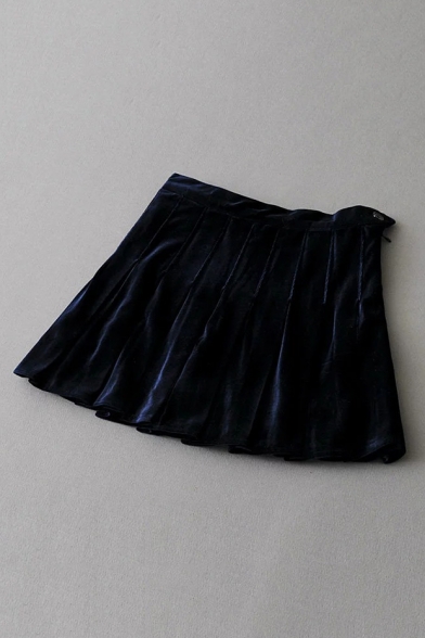 New Stylish Simple Plain Velvet Pleated Mini Dress