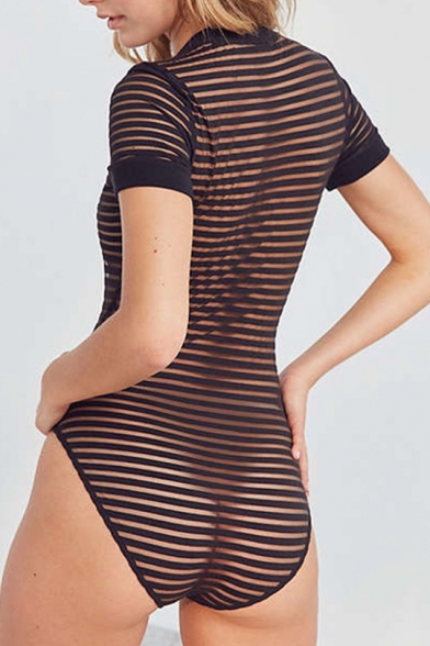 Sexy Striped Round Neck Short Sleeve Sheer Mesh Bodysuit