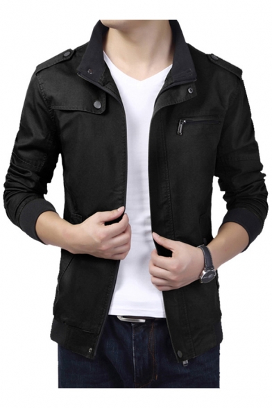 Simple Contrast Trimmed Stand-up Collar Zippered Long Sleeves Utility Jacket with Pockets