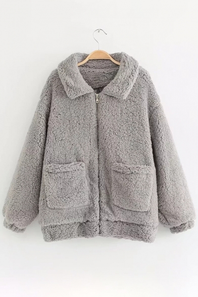 Simple Lapel Zippered Long Sleeves Faux Fur Coat with Pockets