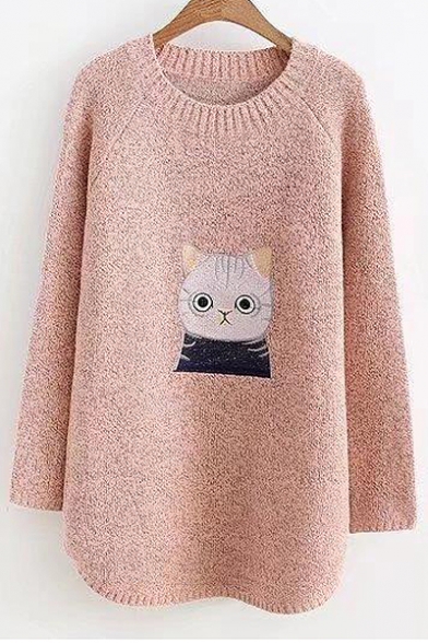Cartoon Cat Embroidered Round Neck Long Sleeve Pullover Sweater