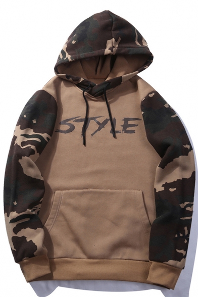 Chic Color Block Letter Print Drawstring Hood Camouflage Unisex Hoodie
