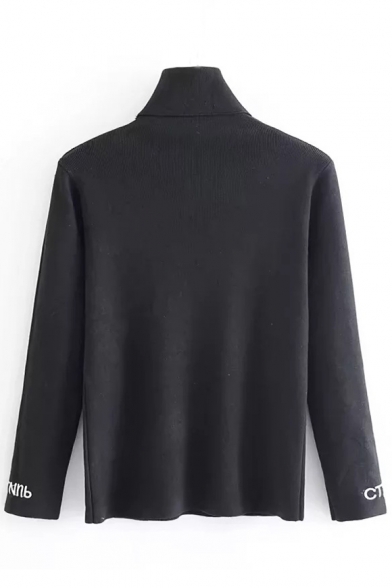 Chic Letter Embroidered Turtleneck Long Sleeve Pullover Sweater