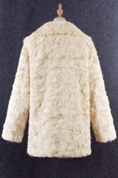 Chic Plain Faux Fur Long Sleeve Notched Lapel Tunic Coat