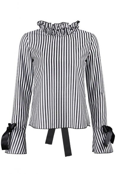 Chic Striped Print Strapped Open Back Ruffle Detail Long Sleeve Blouse