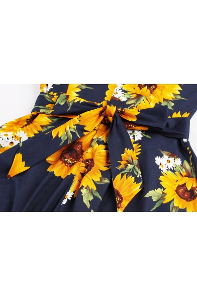 Classic Contrast Floral Printed Half Sleeves Round Neck Belted Fit & Flare Midi Dress