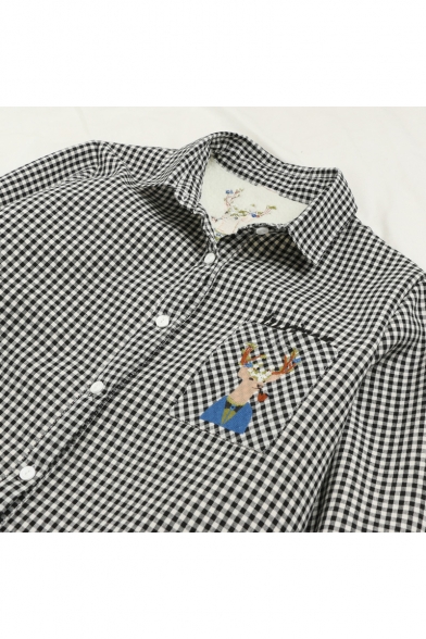 Classic Plaid Embroidery Deer Pattern Long Sleeve Button Down Shirt