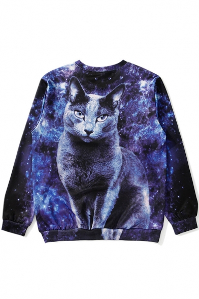 Fashion Cat Print Long Sleeve Loose Pullover Sweatshirt