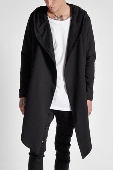 Fashionable Open Front Long Sleeves Hign Low Hem Hooded Plain Longline Coat