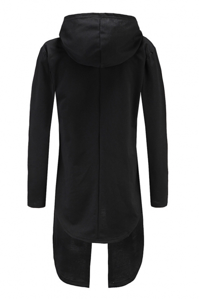Fashionable Open Front Long Sleeves Hign Low Hem Hooded Plain Longline Coat