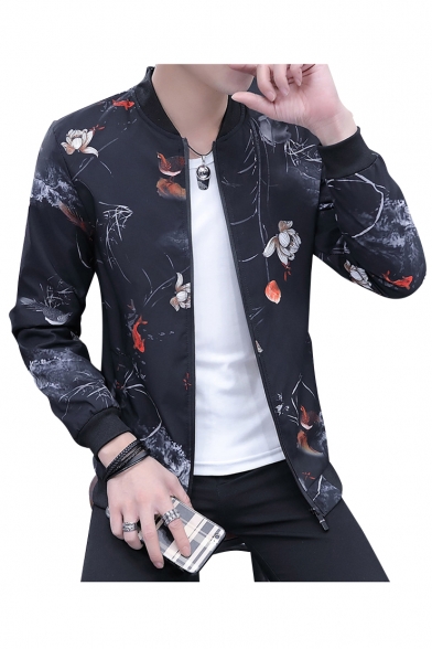 Floral Fish Print Stand-Up Collar Zip Placket Long Sleeve Jacket