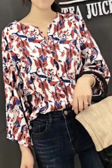 Floral Pattern V-Neck Long Sleeve Buttons Down Shirt