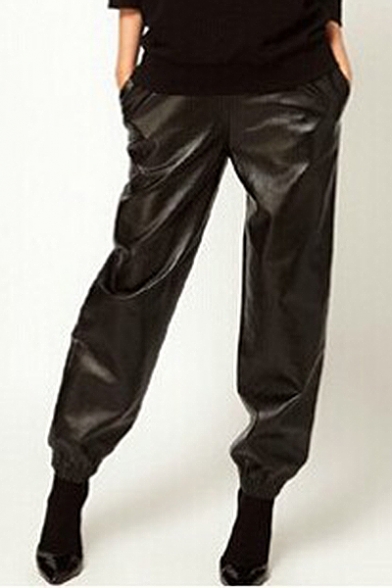 Leisure Elastic Waist & Ankles Relaxed-Fit Loose Leather Pants