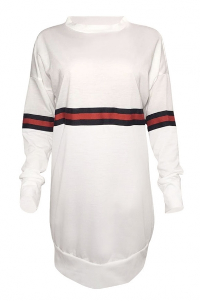 Leisure Striped Design Long Sleeves Round Neck Loose Mini Sweatshirt Dress