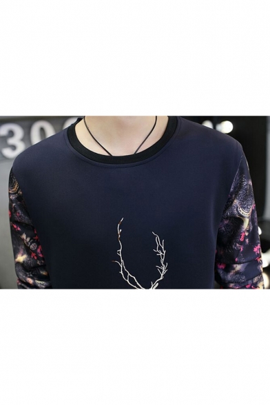 Men's Fashionable Deer Embroidered Round Neck Long Sleeve Pullover Sweatshirt