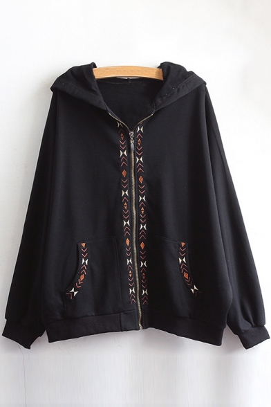 New Fashion Embroidered Trim Zippered Long Sleeve Hooded Coat