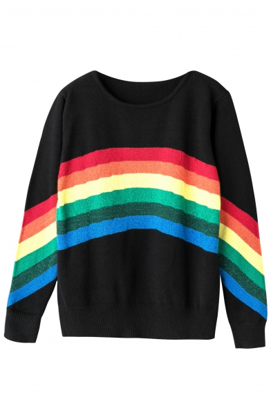 New Stylish Color Block Striped Round Neck Long Sleeve Pullover Sweater