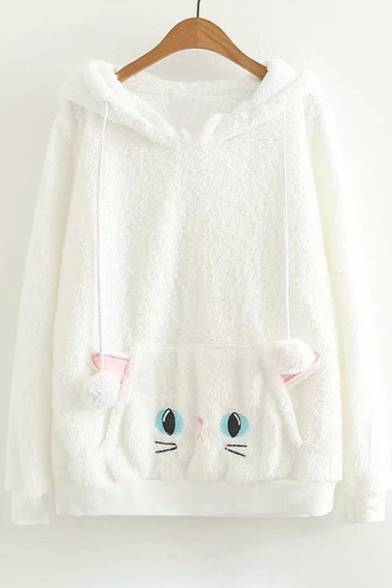 New Stylish Pom Pom Embellished long Sleeve Cute Cat Pattern Hoodie