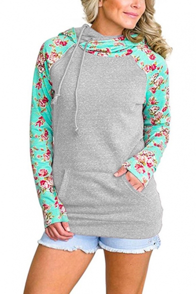 

New Trendy Color Block Floral Pattern Long Sleeve Hoodie, Black;red;gray, LC453452