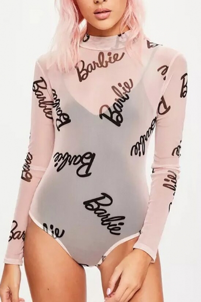 Sexy Letter Print Crew Neck Sheer Mesh Long Sleeve Bodysuit