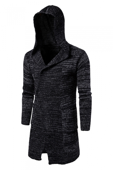 Simple Long Sleeves Knitted Hooded Longline Cardigan with Pockets & Single Button